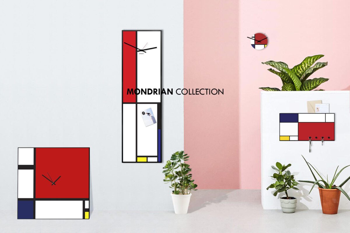 collezione orologi da parete moderni grandi dimensioni colorati stile mondrian geometrico