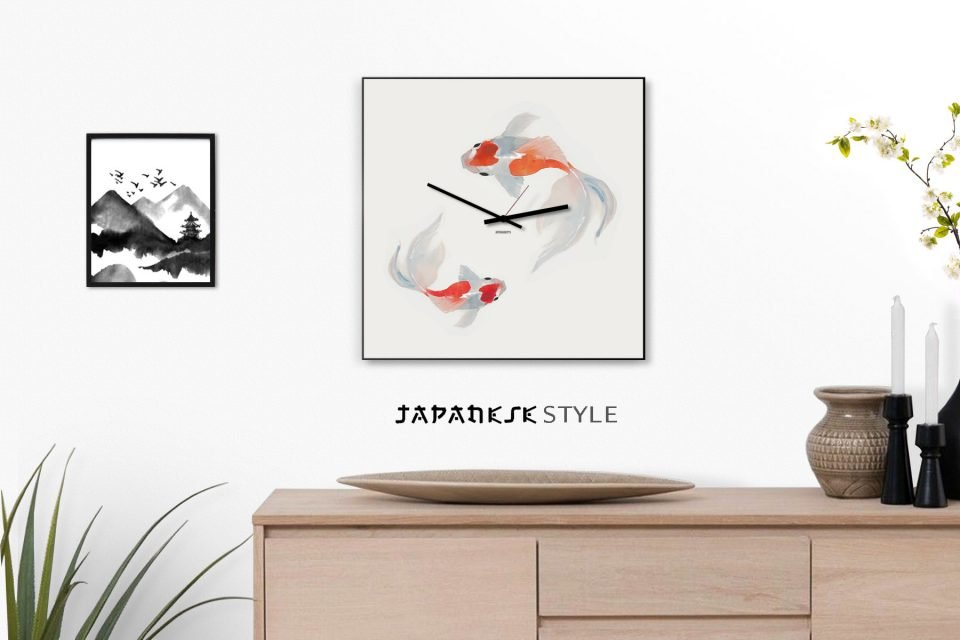 orologio da parete stile giapponese zen laghetto pesci koi design moderno minimalista particolare elegante arte orientale